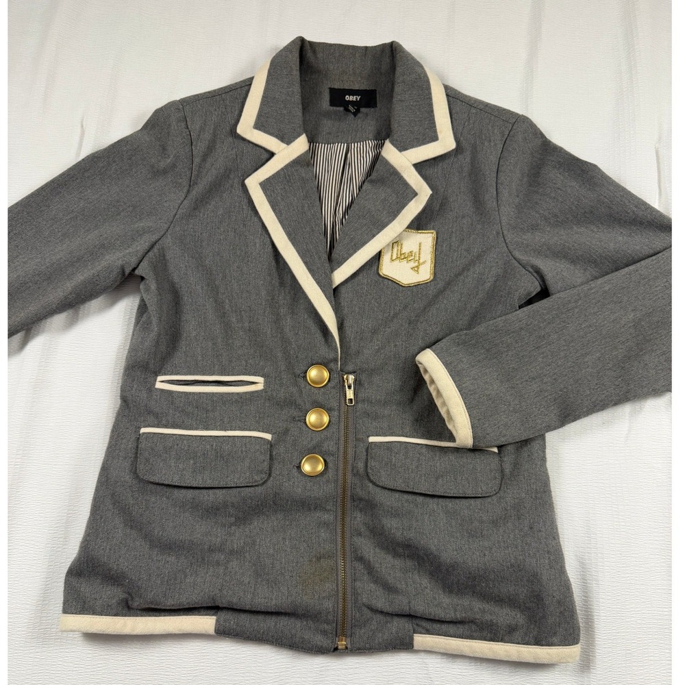 Obey Womens Grey Collegiate Blazer Zip Button Front Cream Trim Patch Size S